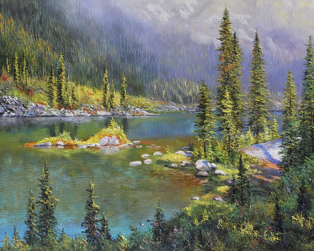 Alpine Lake original oil painting on canvas by Artists On Tour Canadian artist Andrew Kiss