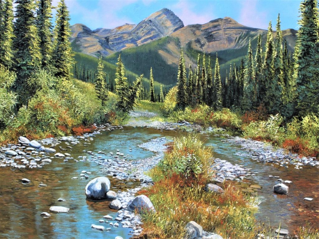 Elbow Falls Area original oil painting on canvas by Artists On Tour Canadian artist Andrew Kiss