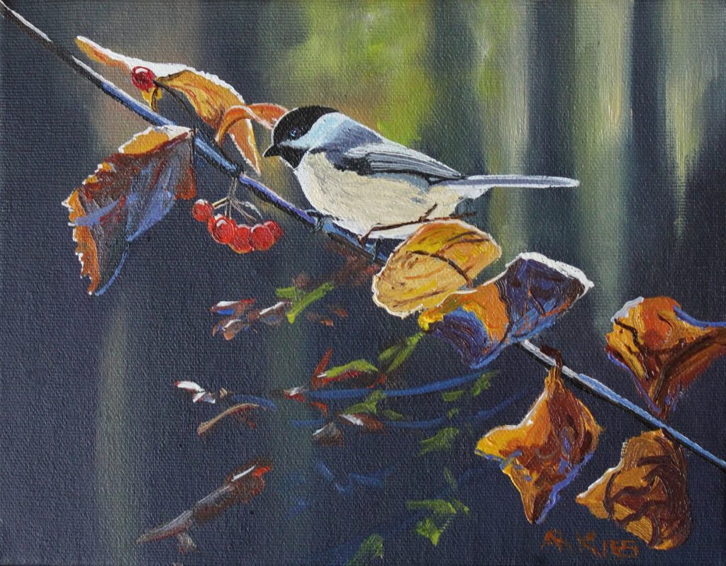 Chickadee oil painting by Artists On Tour 2019 artist Andrew Kiss